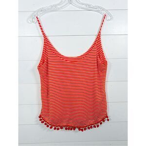 Lucy Love Women's Striped Sleeveless Pom Pom Hem Tank Top Red White Size Small